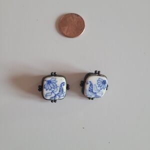 Blue and White Porcelain Clip-On Earrings